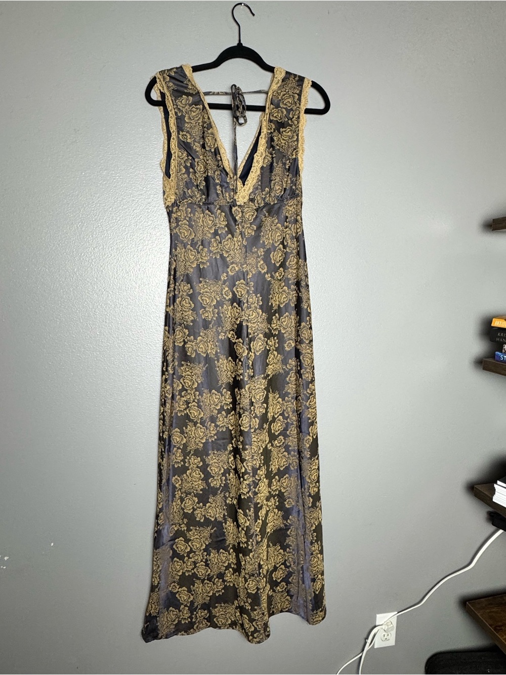Sincerly Jules Gold Floral Lace Maxi Dress on Black
